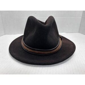 Wigens‎ Lite Felt Packable Fedora Hat Brown Leather Band Made in USA Size 7–7¼ L
